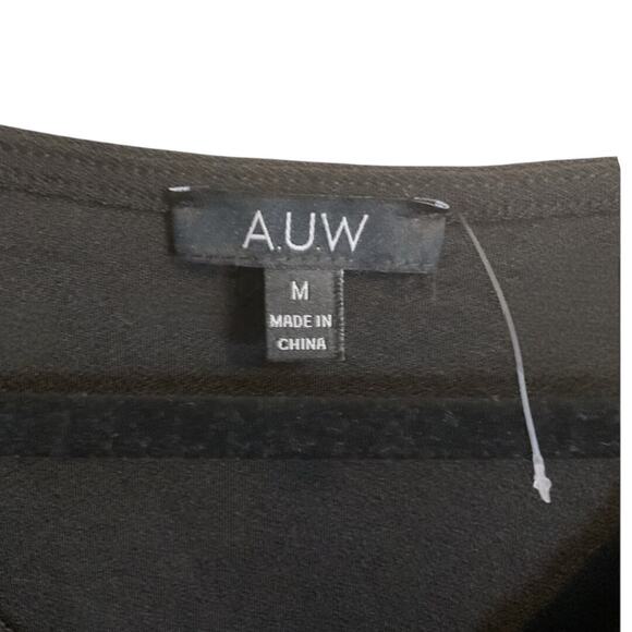 AUW Dressy Blouse Women's Size M Black Sheer Long Sleeves Gold Pearl Belt - Picture 2 of 12